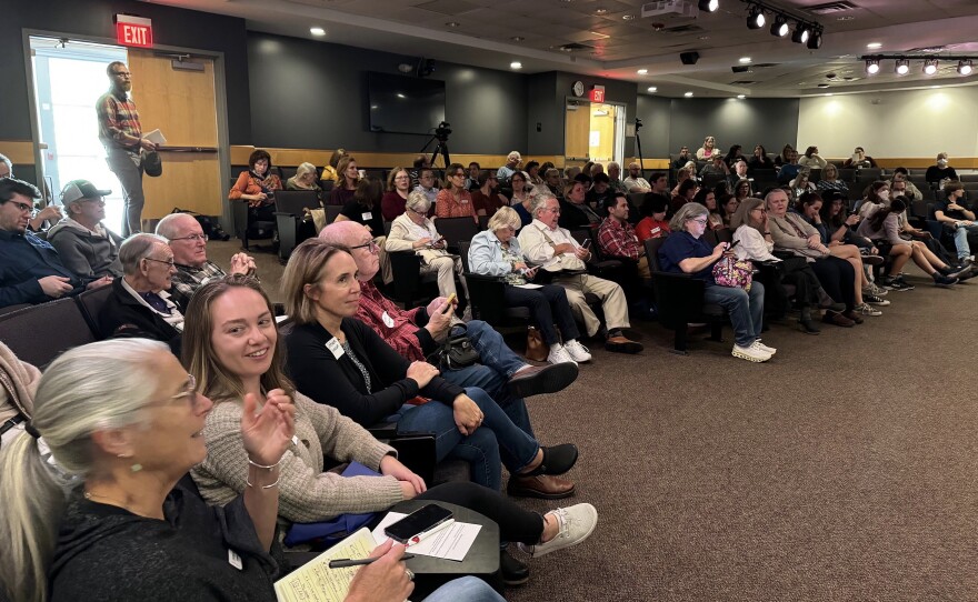 Audience members prepare for the live taping by answering three prompts posed by the Civics 101 team at the Civics 101 Summit at Southern New Hampshire University on Sep. 28, 2024. Photo by Allegra Boverman.