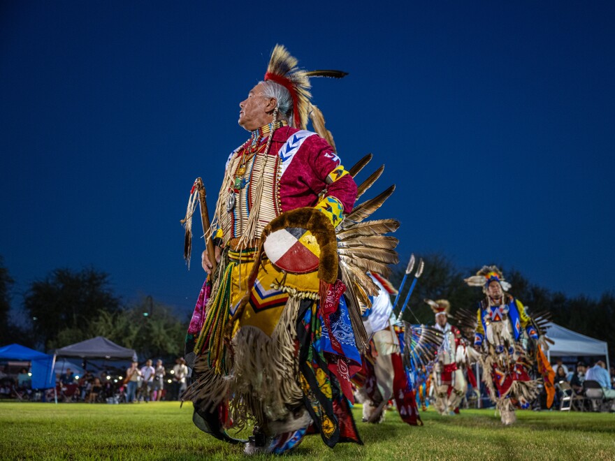 Drummers, dancers and other leaders gather to perform and socialize at the Phoenix Indian Center’s Gourd Dance and Social Powwow in the Steele Indian School Park in Phoenix, Ariz., on Oct. 12, 2024.