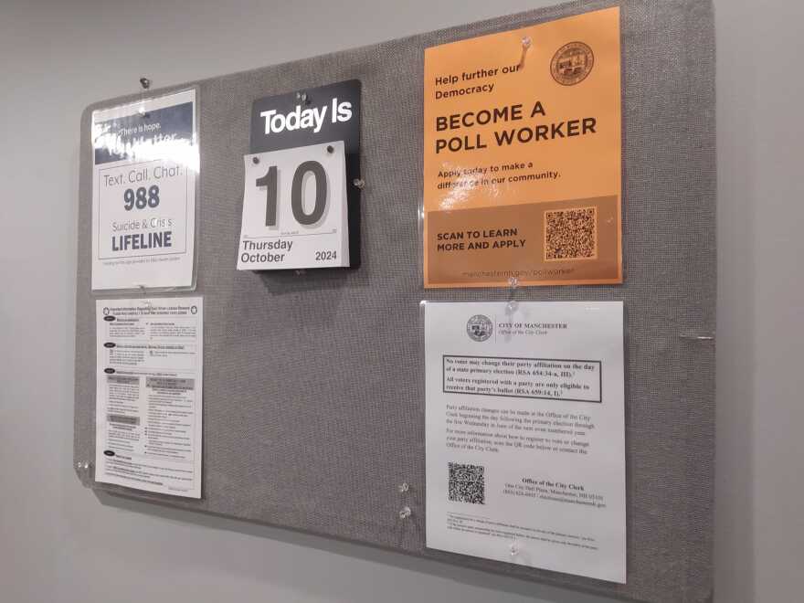 A notice board at the Manchester City Clerk's office advertises the city's ongoing search for poll workers on Thursday, Oct. 10, 2024. The city is especially looking for registrars, deputy registrars and ballot inspectors.