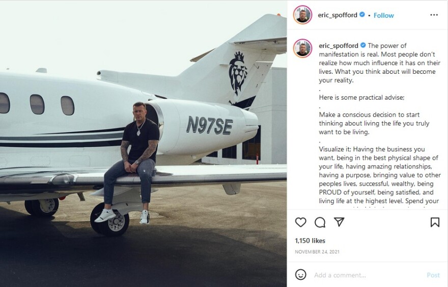 Screenshot of an Instagram post showing Spofford in a black t-shirt and jeans, sitting on the wing of his private jet. The tail shows the Spofford Enterprises logo, a lion with a crown.