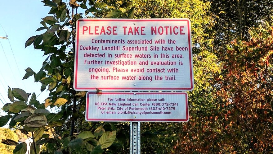 Coakley Landfill superfund site sign warning of possible contaminants. NHPR file photo.