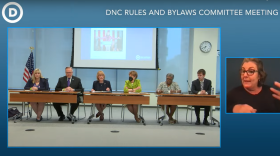 A screenshot from the livestream of the DNC Rules and Bylaws Committee shows six Democrats from New Hampshire testifying before the DNC panel, along with a sign language interpreter