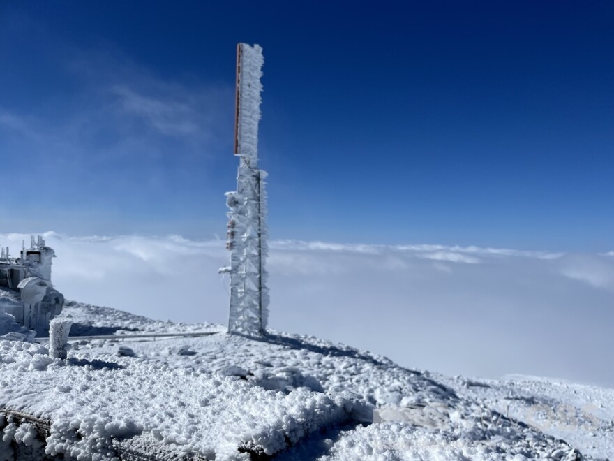 Snow blankets the top of Mount Washington on Oct 11, 2024 during the first major weather event of the fall season.