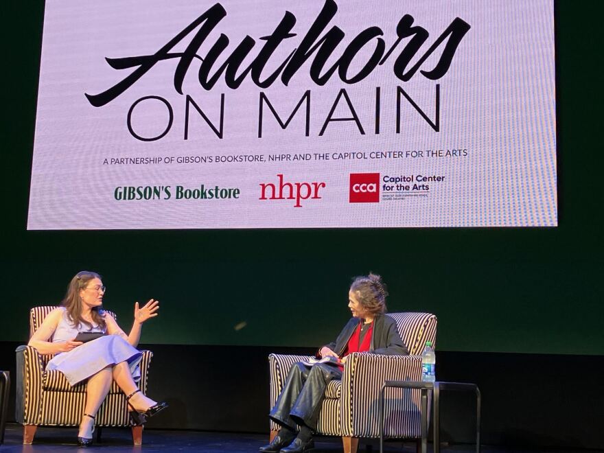 NHPR's Julia Furukawa with author Julia Alvarez at The Bank of New Hampshire Stage on April 15, 2024.