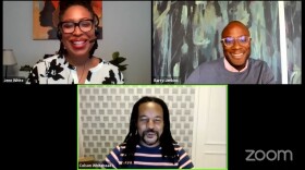 Jenn White speaks with director and showrunner Barry Jenkins and author Colson Whitehead during a virtual event about The Underground Railroad.