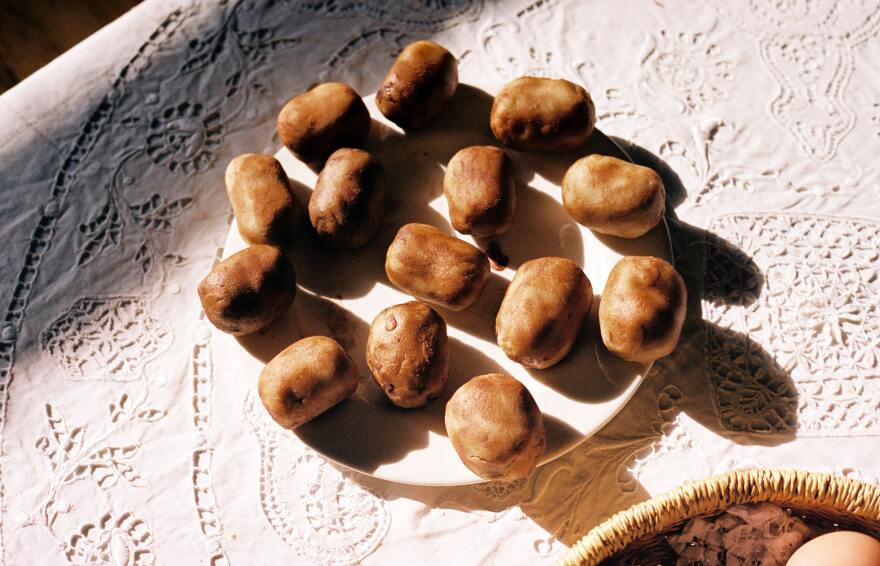 Dessert is served at Laila Gohar’s potato party. But these spuds are not what they seem: they are cocoa-dusted marzipan.