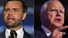 Left: Republican vice presidential nominee Sen. JD Vance delivers remarks during a campaign rally on August 6 in Philadelphia. Right: Democratic vice presidential nominee Minnesota Gov. Tim Walz speaks at the Democratic National Convention on August 21 in Chicago.