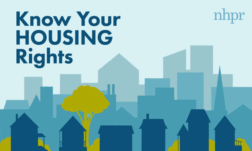 An illustration of NHPR's Know Your Housing Rights Logo depicts a scene of blue and green, with houses and tall buildings in the background