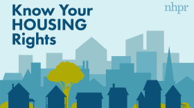 NHPR's Know Your Housing Rights Logo depicts a scene of blue and green, with houses and tall buildings in the background