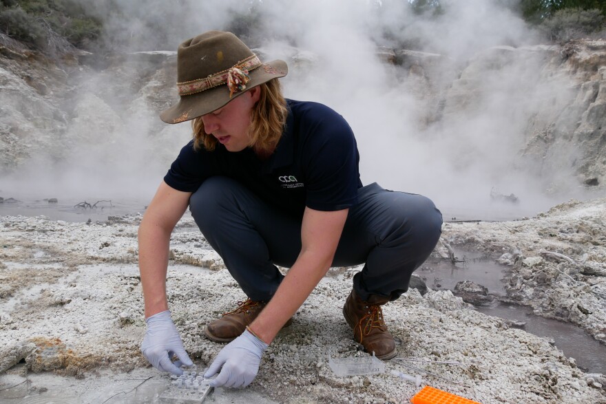 Astrobiologist Luke Steller searching for clues about life origins at Tikitere hot springs, New Zealand.