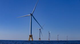 The five turbines of the Block Island Wind Farm off the coast of Rhode Island. (Jesse Costa/WBUR)