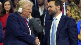 Republican presidential candidate former President Donald Trump and Republican vice presidential candidate Sen. JD Vance, R-Ohio, attend the first day of the Republican National Convention, Monday, July 15, 2024, in Milwaukee. (AP Photo/Evan Vucci)