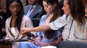 US gymnasts including Simone Biles, left, arrive to testify during a Senate Judiciary hearing about a prior Inspector General report on the FBI handling of the Larry Nassar investigation of sexual abuse of Olympic gymnasts in 2021 in Washington, D.C.