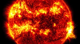 This image provided by NASA's Solar Dynamics Observatory shows a solar flare, the bright flash at right, on Tuesday, May 14, 2024. The sun produced its biggest flare in nearly a decade Tuesday, just days after a severe solar storm pummeled Earth and created dazzling northern lights in unaccustomed places. (NASA/SDO via AP)