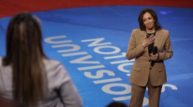 Vice President Harris reacts as she takes a question from a member of the audience during a Univision town hall at Cox Pavilion at UNLV in Las Vegas on Thursday.