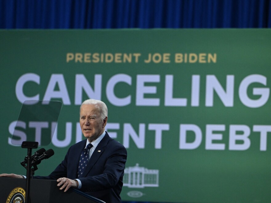 President Joe Biden speaks about student loan relief at Madison College in Madison, Wisconsin, on April 8.