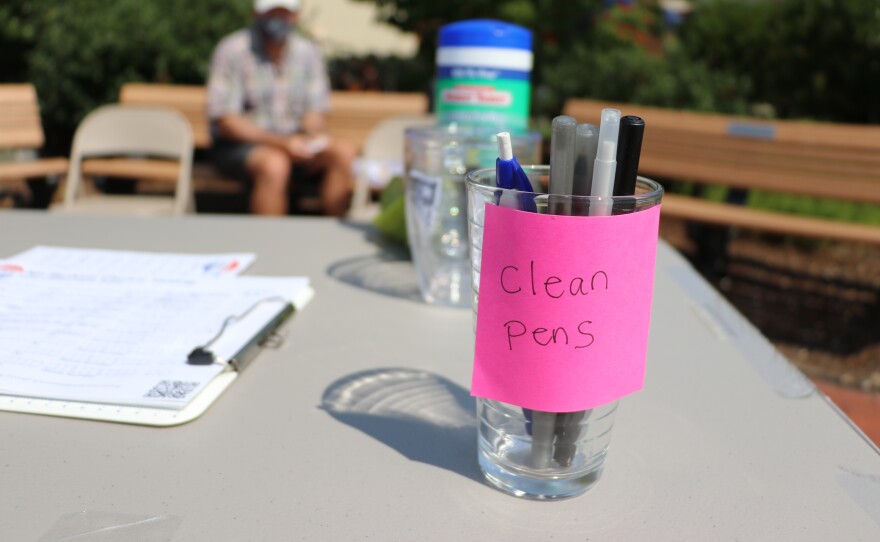 A jar of "clean pens" at a New Hampshire polling place during the September 2020 state primary.