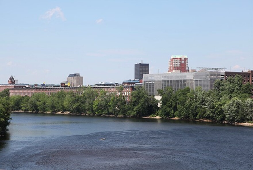 Manchester, New Hampshire skyline with Merrimack River. Gaby Lozada photo / NHPR and NHPR.org.