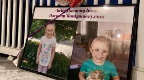 a poster of two photos of harmony montgomery, with a few small balloons floating above it