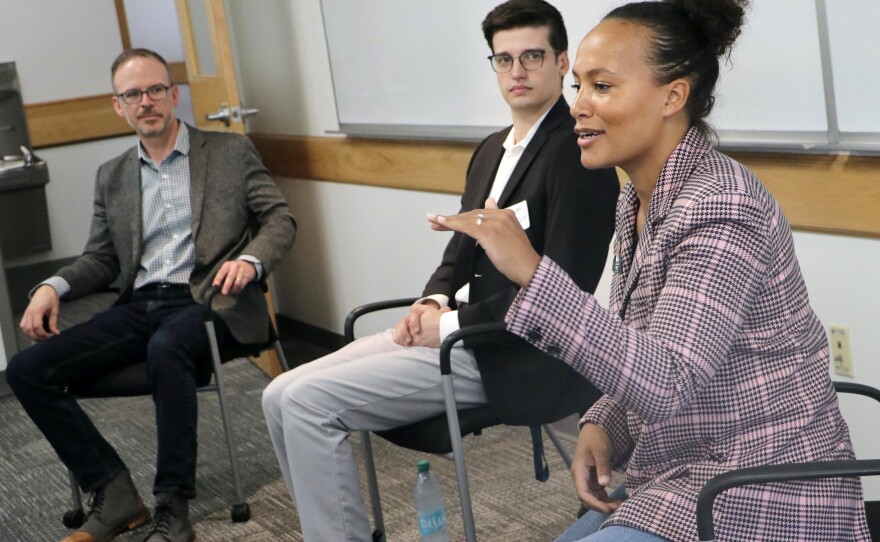 Will Stewart, Sam Cassin, and Sianay Clifford lead a breakout session focused on engaging youth into civic action at the Civics 101 Summit at Southern New Hampshire University on Sep. 28, 2024. Photo by Allegra Boverman.