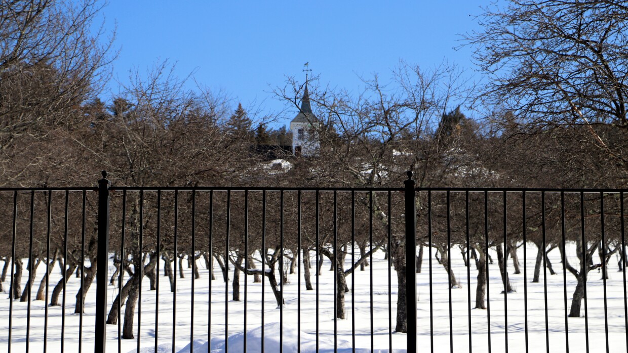 White spires of Green Mountain Treatment Center are seen behind a tall black fence and rows of leafless trees in snow.