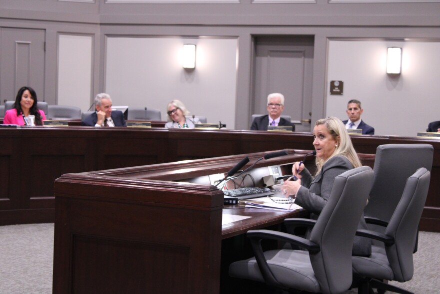 Manchester Public Health Director Anna Thomas speaks about a new city ordinance about syringe service programs at a meeting of the Mayor and Board of Aldermen on Tuesday, Oct. 1, 2024. The ordinance is the first in the state and requires programs to register with the city, places limits on where mobile exchanges can operate and requires more data to be shared with city officials.