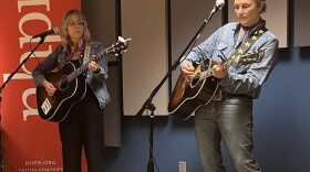 Singer-songwriter Mary Gauthier, with Jaimee Harris (left), perform in NHPR's Studio D before an interview with Kate McNally.