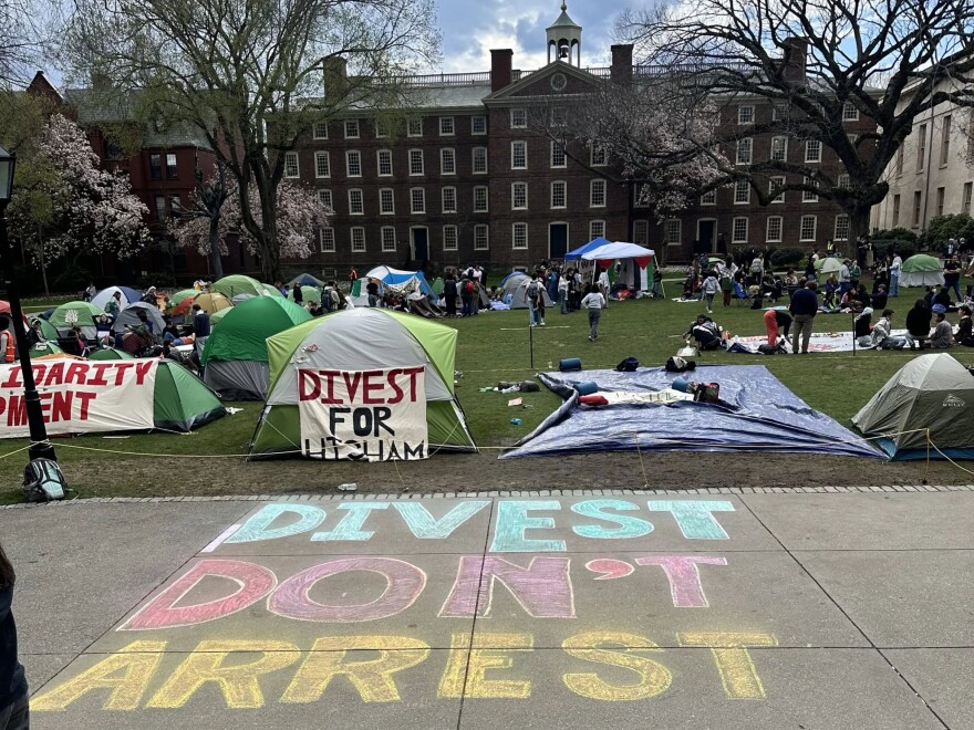 Student activists at an encampment at Brown University's campus in Providence, April 2024. Credit: Olivia Ebertz/The Public's Radio