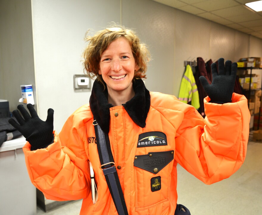 Nicola spent several weeks working the floors at Americold, one of the largest cold storage warehouse companies in the country. Here, she celebrates her last shift.