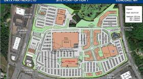 Conceptual plans submitted to the city of Concord show a proposed replacement for Steeplegate Mall and Regal Cinema, between Loudon Road and Sheep Davis Road. The Regal Cinema property is the smaller on the upper lefthand portion of the map. Applebee's restaurant, in the lower left, and TD Bank building, on the center-right, would not be affected. —For the Monitor