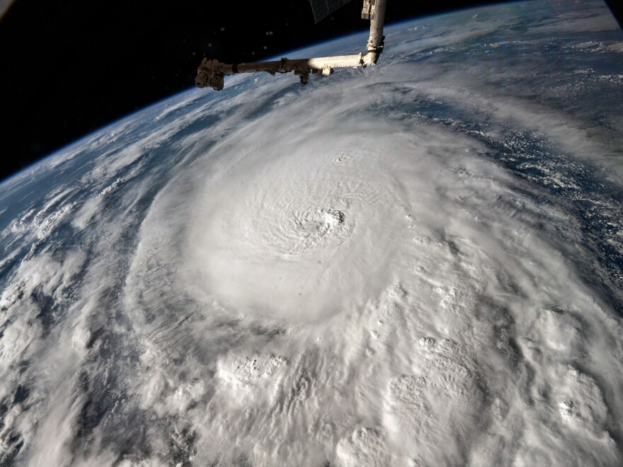 In this NASA handout, Hurricane Milton, a Category 5 storm at the time of this photograph, is pictured in the Gulf of Mexico off the coast of Yucatan Peninsula on October 8, 2024 seen from the International Space Station as it orbited 257 miles above.