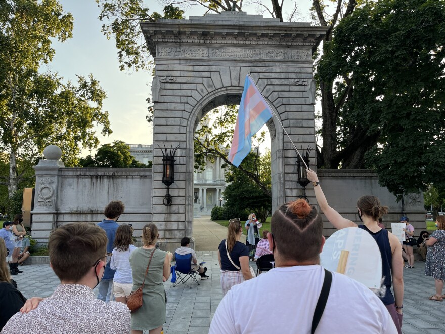 A protester amid a crowd holds the pink, white and blue transgender pride flag in front of New Hampshire's statehouse