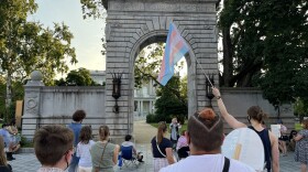 A protester amid a crowd holds the pink, white and blue transgender pride flag in front of New Hampshire's statehouse