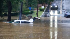 \The streets are flooded near Peachtree Creek after hurricane Helene brought in heavy rains over night on September 27, 2024 in Atlanta, Georgia.