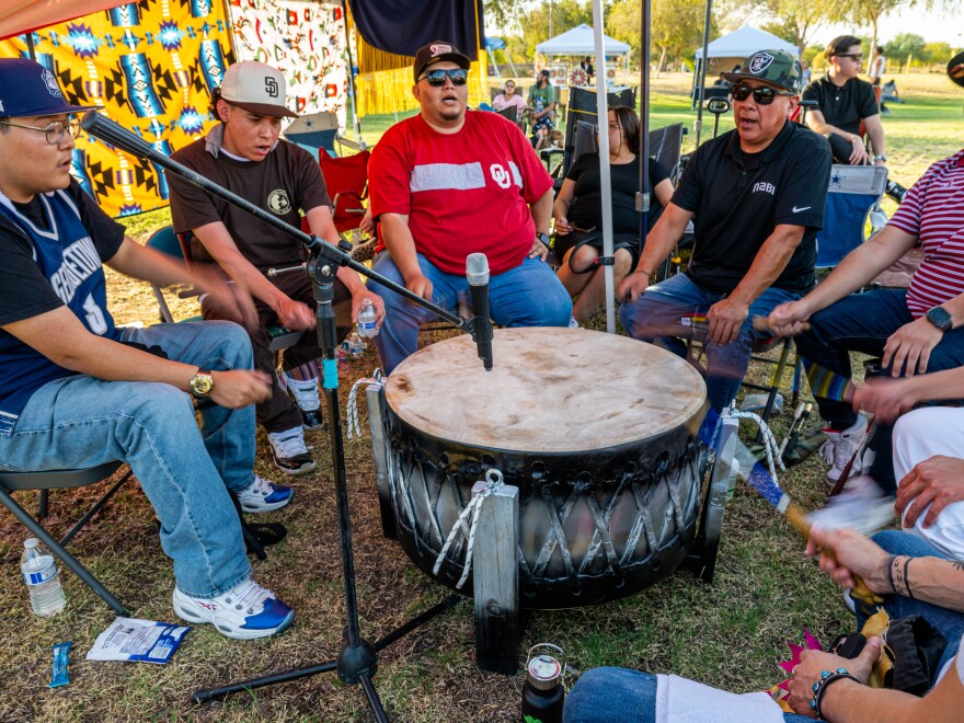 Drummers gather to perform and socialize at the Phoenix Indian Center’s Social Powwow and Gourd Dance.