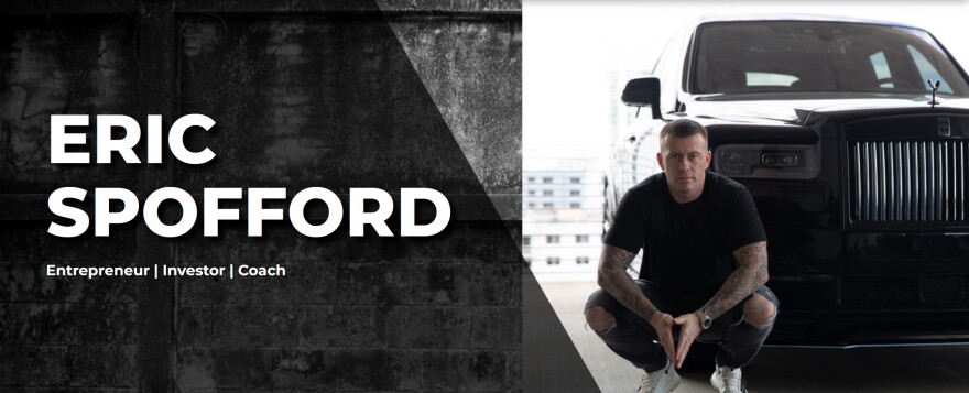 Screenshot from Eric Spofford's personal website. White text over grey reads "Eric Spofford, Entrepreneur, Investor, Coach," and the right side is a photo of Spofford squatting down in front of a black Rolls Royce SUV.