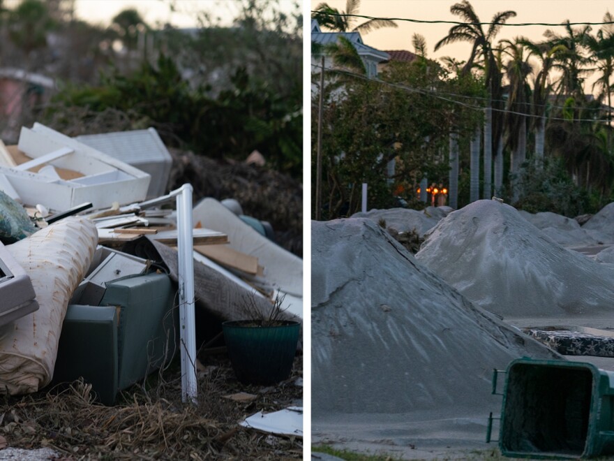 After battering from both Helene and Milton sand piles and debris line the streets surrounding the Seabaugh's home.