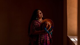 Ilia Reyes Aymani(50), Kunza researcher and teacher, stands for a portrait in San Pedro de Atacama on Monday, 15th of April, 2024. Antofagasta, Chile.