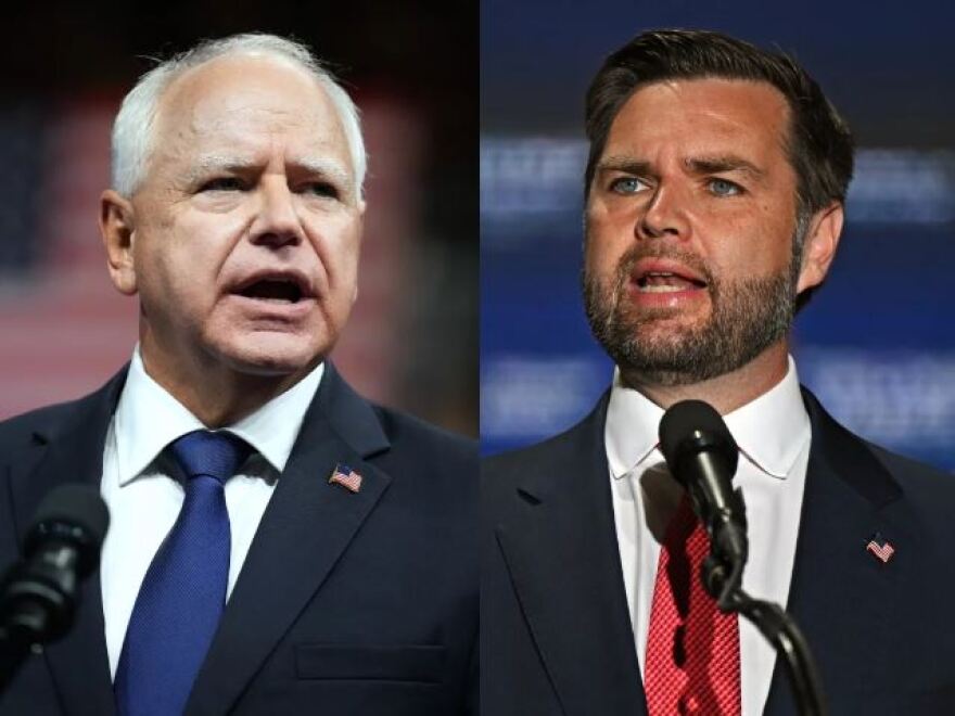 Left: Democratic vice presidential candidate Minnesota Gov. Tim Walz speaks during a campaign rally on August 6 in Philadelphia. Right: Republican Vice Presidential Candidate Sen. JD Vance, R-Ohio, delivers remarks during a campaign rally on August 6 in Philadelphia.