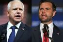 Left: Democratic vice presidential candidate Minnesota Gov. Tim Walz speaks during a campaign rally on August 6 in Philadelphia. Right: Republican Vice Presidential Candidate Sen. JD Vance, R-Ohio, delivers remarks during a campaign rally on August 6 in Philadelphia.