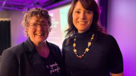 Kemetia Foley (left) is regular participant of Long Story Short, a live story-telling production hosted by Beth LaMontagne Hall (right).