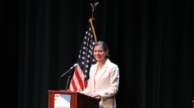 Maggie Goodlander, a Democratic candidate in New Hampshire's 2nd Congressional District, during a debate Sept. 4, 2024 at New England College in Henniker. Dan Tuohy photo / NHPR