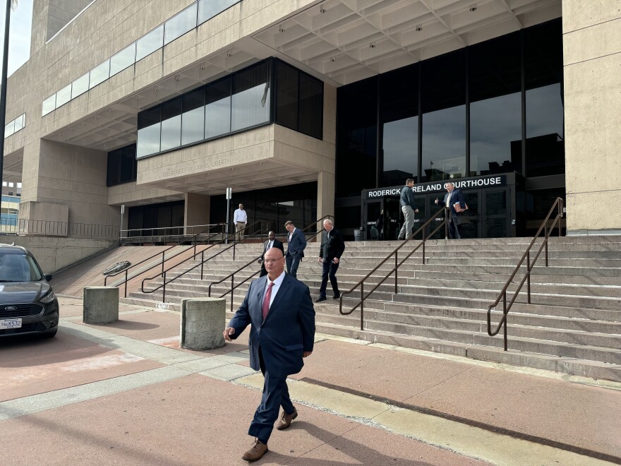 Hampden County Sheriff Nick Cocchi exits the Roderick Ireland Courthouse in Springfield, Massachusetts, on Monday, September 23, 2024, after he was arraigned  on a charge of driving while intoxicated.