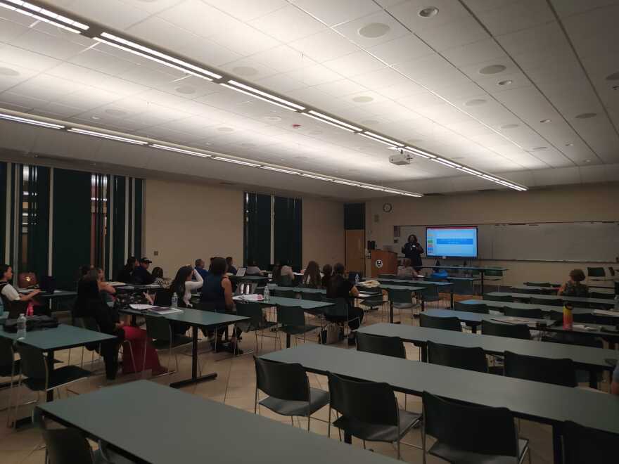 Carlisa Choate, center, teaches a class of Portuguese speakers about emergency procedures at the Nashua Community College on Monday, Aug. 19, 2024. As the Executive Director of Education at the YMCA, Choate is part of a nonprofit coalition that aims to increase the number of early childcare providers in New Hampshire.