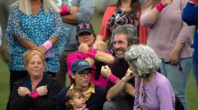 Terese Bastarache (left), joins Jodi Underwood, Rachel Goldsmith, Jeremy Kauffman and Stacey Messina in a display of showing the XX chromosome at the Bow girls’ soccer game on Tuesday, September 24, 2024.