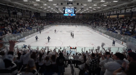 A view of the UNH Whittemore Center, an ice hockey rink, full of fans