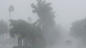 A Lee County Sheriff's officer patrols the streets of Cape Coral, Fla., as heavy rain falls ahead of Hurricane Milton on Wednesday.