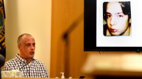 Plaintiff David Meehan testifies as his intake photo from YDC was he was 13 is displayed on a screen in the courtroom in his civil trial at Rockingham County Superior Court in Brentwood on April 17, 2024. David Lane/Union Leader POOL