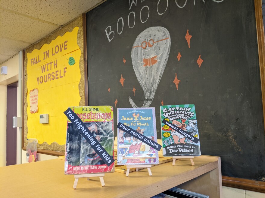 Books and the information as to why they have been banned around the country on display.