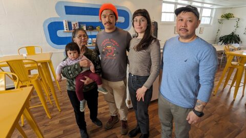 Jeannie Yee-Tong, left, holding granddaughter Tilda Tong, Jeannie's son Corey Tong with wife Natalia, who co-own Eighty Eight Coffee Co. with brother Marc Lee, right. The family has been trying to negotiate a way around the city's intent to take their property by eminent domain.